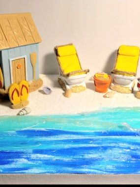 Coastal Miniature Scene with Bright Yellow Beach Chairs